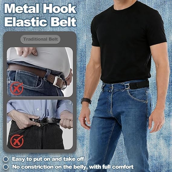 Adjustable Buckleless Elastic Waist Belt with Metal Hooks - Unisex Pair