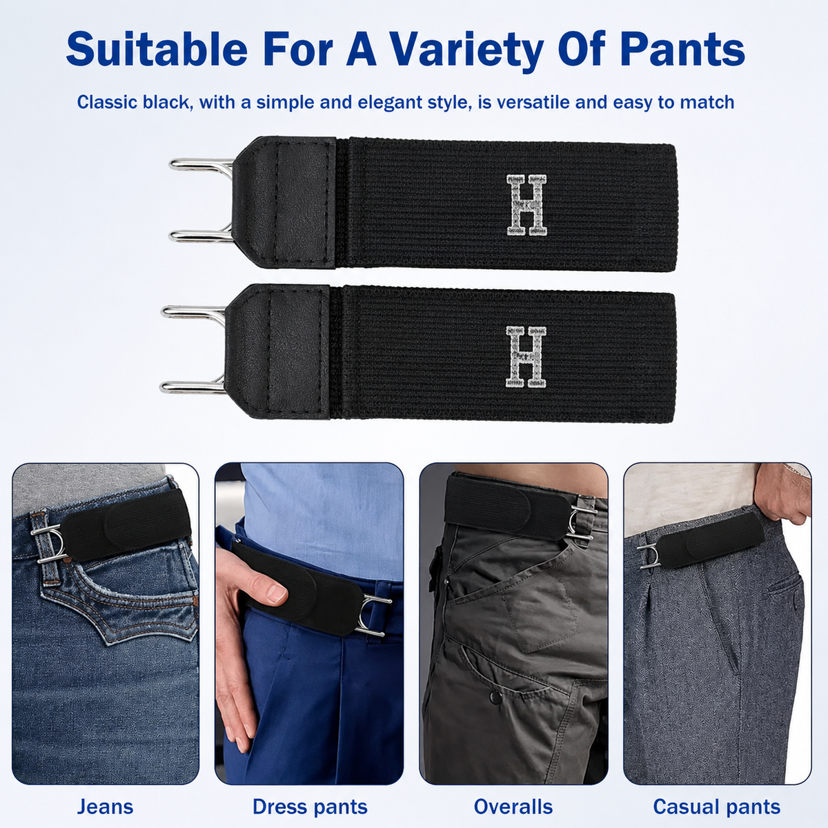 Adjustable Buckleless Elastic Waist Belt with Metal Hooks - Unisex Pair
