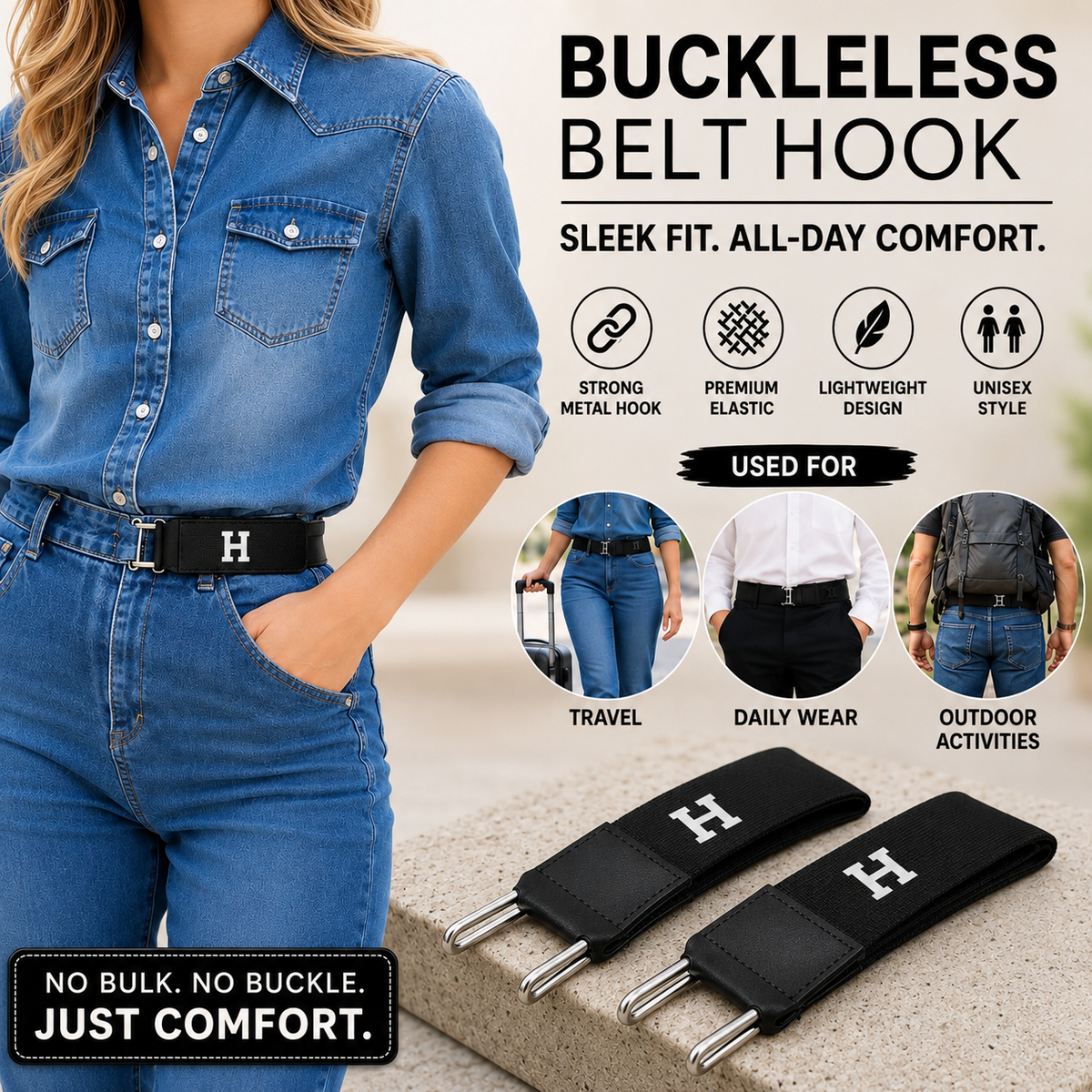 Adjustable Buckleless Elastic Waist Belt with Metal Hooks - Unisex Pair